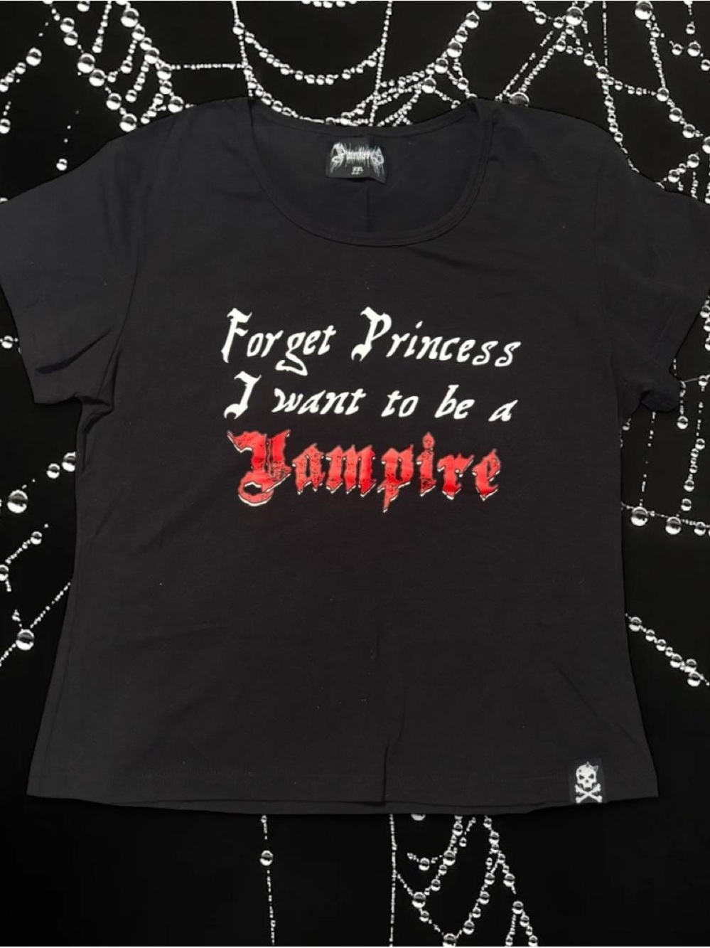 Black Graphic Crop Top with 'Forget Princess I Want to Be a Vampire' Slogan